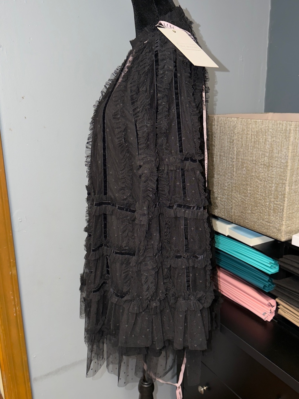Mac Duggal Black Sheer Tiered Lace Mini Dress - Picture 3 of 7